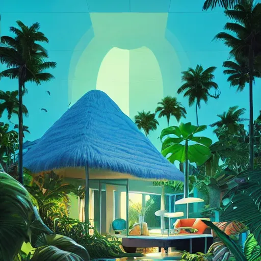 Image similar to a luminescent tropical cottage by paolo eleuteri serpieri and tomer hanuka and chesley bonestell and daniel merriam and tomokazu matsuyama, unreal engine, high resolution render, featured on artstation, octane, 8 k, highly intricate details, vivid colors, vector illustration