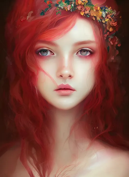 Image similar to a gorgeous flower princess portrait by WLOP, big emerald eyes, red hair, digital painting, beautiful lighting, mystical, detailed flowers, cgsociety