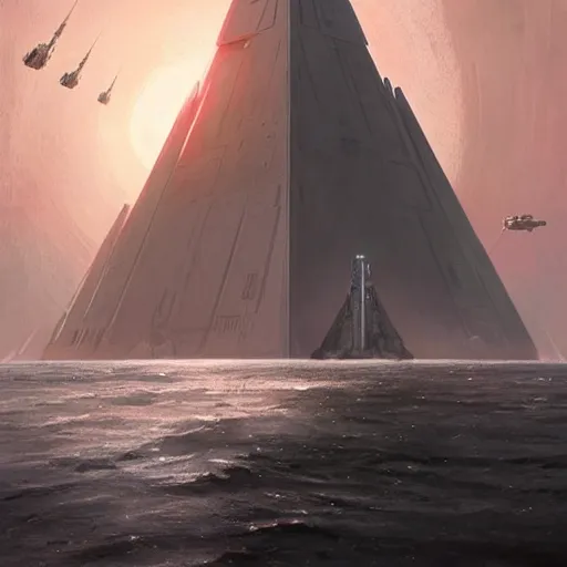 Image similar to star wars concept art by greg rutkowski, a palatial and imposing grey tall triangular pyramid tech tower emerging from the sea in the middle of a ocean landscape, enigmatic atmosphere, beautiful and cinematic lighting, artstation hq.