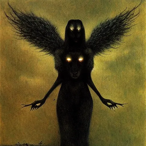 Image similar to werewolf girl with black wings by Beksinski