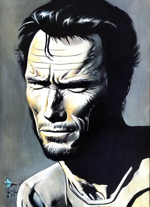 Prompt: portrait of clint eastwood the man with no name by frank frazetta