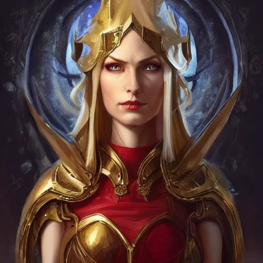 Prompt: elven noblewoman, arrogant, D&D, fantasy, portrait, highly detailed, digital painting, artstation, concept art, sharp focus, illustration, art by artgerm and greg rutkowski and magali villeneuve, red white and gold color scheme