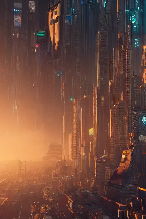 Image similar to cyberpunk cityscape with tall buildings at dusk golden hour orange cinematic lighting, epic composition. A golden daylight, hyper-realistic environment. Hyper and intricate detail, photo-realistic. Cinematic and volumetric light. Epic concept art. Octane render and Unreal Engine, trending on artstation