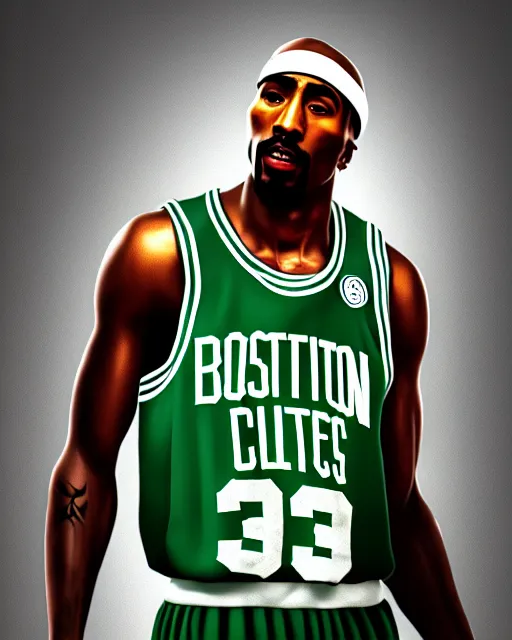 Image similar to portrait of tupac shakur, boston celtics jersey number 3 4, green, white, cartoon digital art, oil on canvas, trending on artstation, octane render