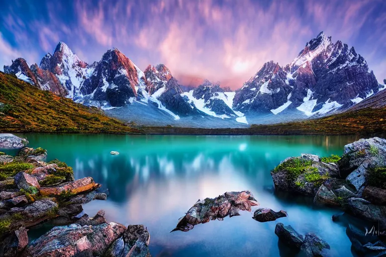 Image similar to photograph of mountains with a lake in front of them, trees on the side, rocks in foreground by marc adamus