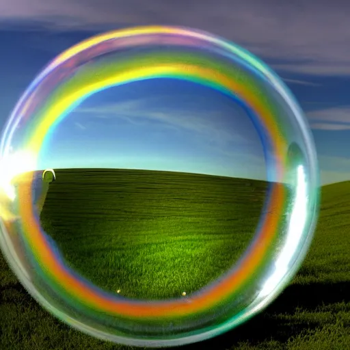 Image similar to A photograph of the Windows XP Bliss wallpaper inside of a giant floating soap bubble, floating in a blue and cloudy sky.