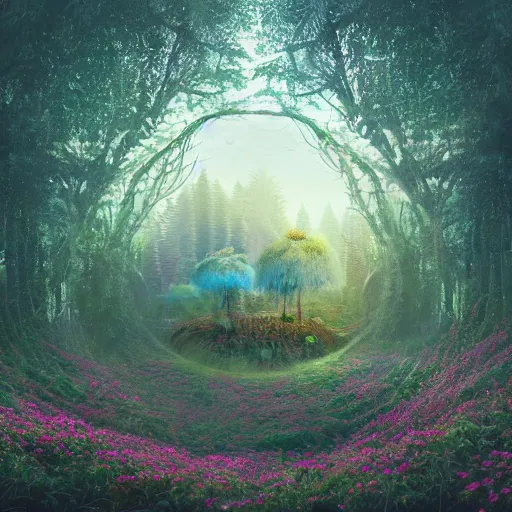 Image similar to a painting of a forest with flowers inside a circle, digital art by mike winkelmann, shutterstock contest winner, fantasy art, mystical, reimagined by industrial light and magic, enchanting