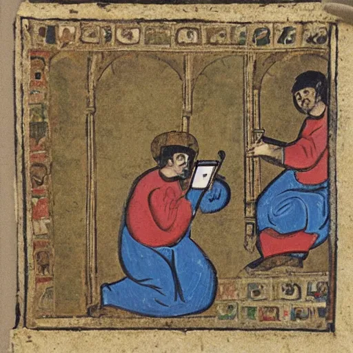 Image similar to a photograph of two men from the 1 2 th century playing on a handheld console