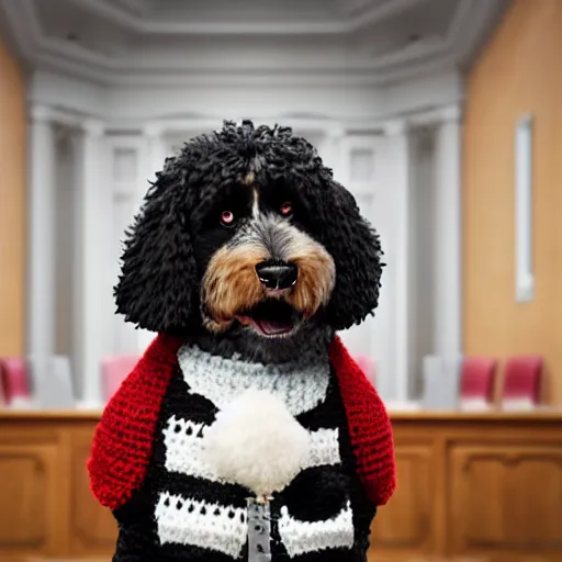 Image similar to a closeup photorealistic photograph of a cute smiling knitted bernedoodle judge dog dressed in a black gown, presiding over the courthouse. indoors, professional capture, well lit shot. this 4 k hd image is trending on artstation, featured on behance, well - rendered, extra crisp, features intricate detail, epic composition and the style of unreal engine.