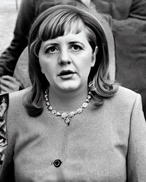 Image similar to a portrait of a 1 9 6 0 s hippie looking like angela merkel