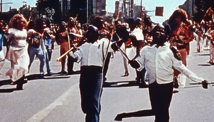 Image similar to 7 0 s film still from a horror movie of gary coleman twirling a baton while marchin in a blm parade, kodachrome, cinecolor, cinestill, film grain, film texture, retro, cinematic, high resolution, photorealism,