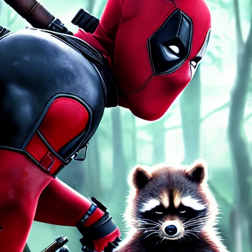 Image similar to deadpool and rocket raccoon in the woods digital art 4 k detailed super realistic