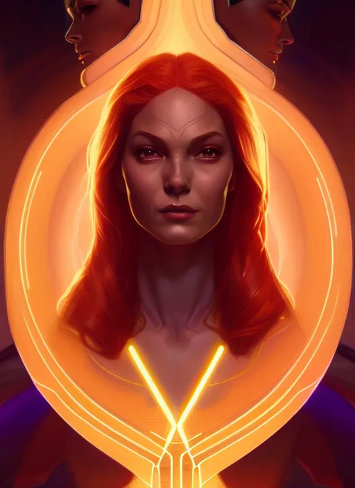 Image similar to symmetry portrait of jean grey from 9 0 s x - men, glowing lights, intricate, elegant, highly detailed, digital painting, artstation, concept art, smooth, sharp focus, illustration, art by artgerm and greg rutkowski and alphonse mucha