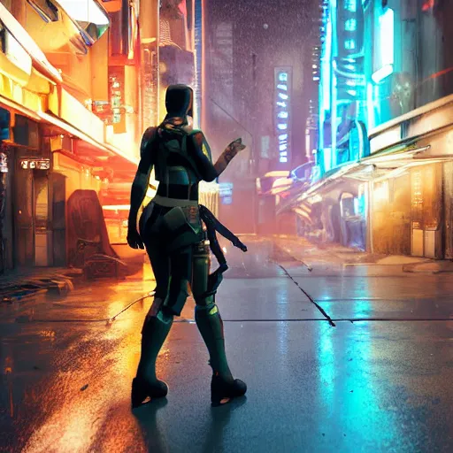 Prompt: a female scifi soldier with a huge energy rifle in a bladerunner back-alley with neon lights and various shops. Photoreal, mood. Light rain, reflections on ground.