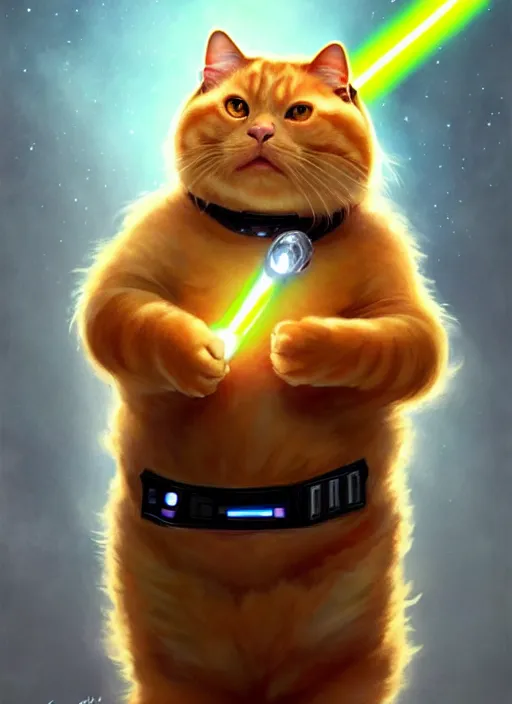 Prompt: a fat ginger cat holding a lightsaber, star wars outfit, beautiful glowing lights, sci - fi, stunning, intricate, elegant. highly detailed, digital painting. artstation. smooth. sharp focus. illustration. art by artgerm and greg rutkowski and alphonse mucha