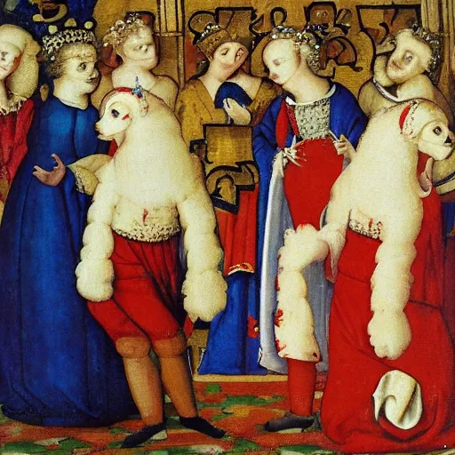 Prompt: bichon frise in a jester outfit dancing, medieval painting