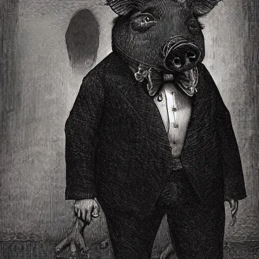 Image similar to a pig in a tuxedo, creepy atmosphere, dark, portrait, realistic, very realistic, illustration by Gustave Doré