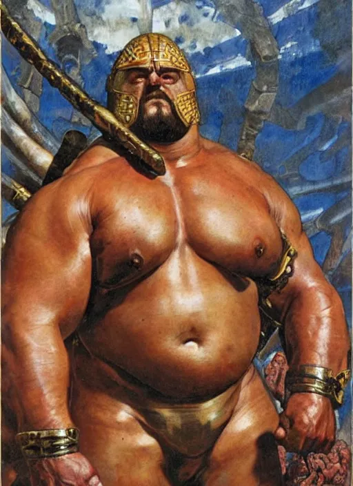 Image similar to head and torso portrait of huge muscular eddie hall as juggernaut, by lawrence alma tadema and rick berry and norman rockwell and greg staples and jack kirby