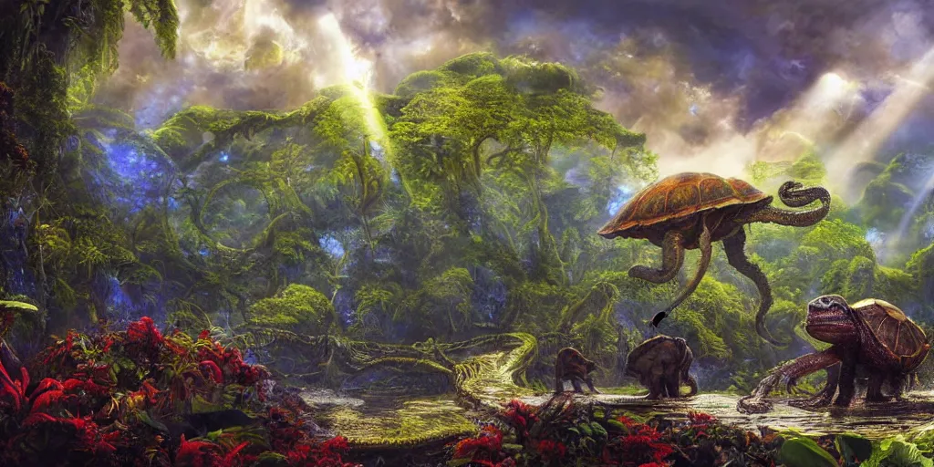 Image similar to fantasy oil painting, alien spacecraft, outer worlds, great leviathan, turtle cephalopod terrapin reptilian pachyderm amphibian hybrid, rainforest mountains, lush plants flowers, epic natural light, bright clouds, luminous sky, bright cinematic key lighting, michael cheval, michael whelan, vray, 8 k hd