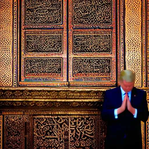 Image similar to Trump praying in mosque, award winning cinematic photography, 50 mm, blurred background, perfect faces