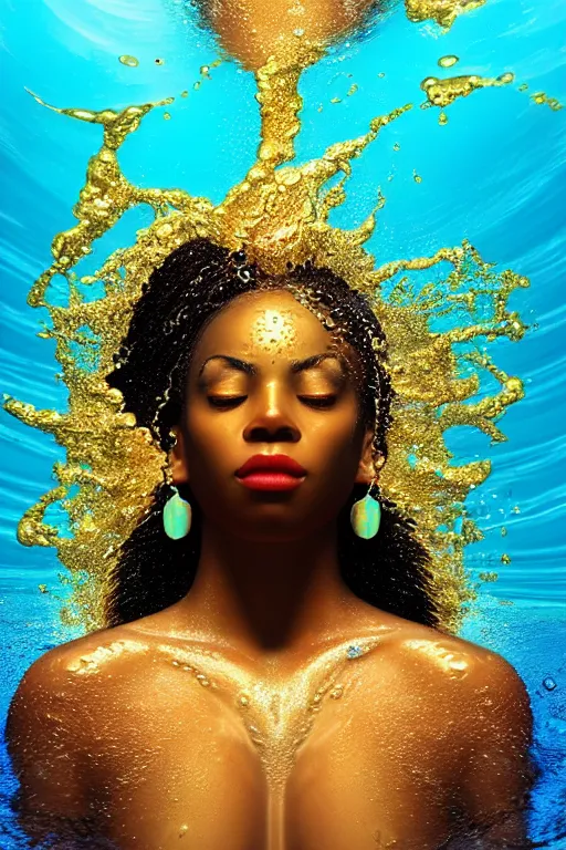 Image similar to hyperrealistic precisionist cinematic super expressive! oshun goddess immersed in water!, mirror dripping droplet, gold ornate jewely, highly detailed face, digital art masterpiece, smooth eric zener cam de leon, dramatic pearlescent turquoise light on one side, low angle uhd 8 k, shallow depth of field