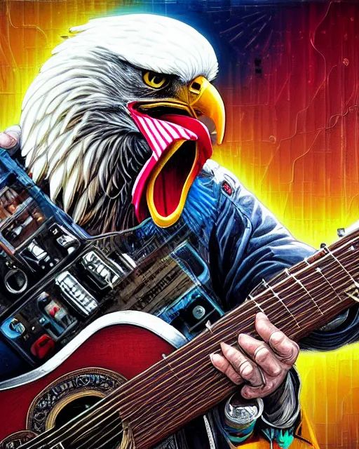 Image similar to a portrait of an anthropomorphic cyberpunk bald eagle screeching while strumming an acoustic guitar by sandra chevrier, by jon foster, detailed render, tape deck, epic composition, cybernetics, 4 k realistic, cryengine, realistic shaded lighting, sharp focus, masterpiece, by enki bilal