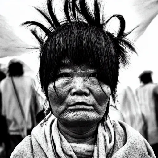 Image similar to hunnic protester face elongated cranium mongolian hair style photo black and white wide angle lense