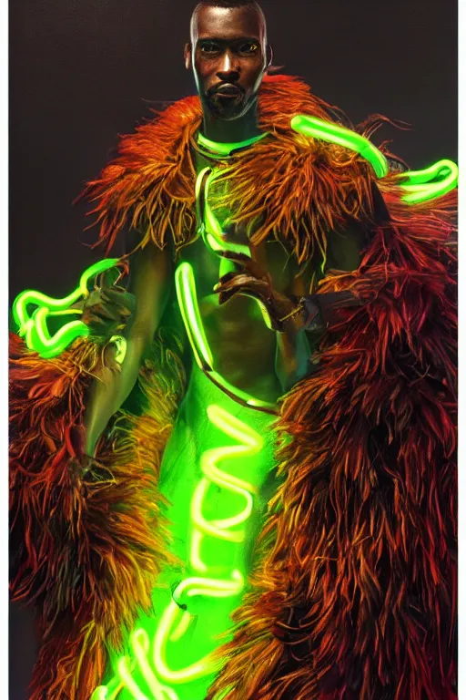 Image similar to detailed full body concept illustration of an African male with body augmentations, strong neon lighting, Afrofuturism, extravagant feathered collar, by Greg Staples, hyper realistic, HD, oil on canvas