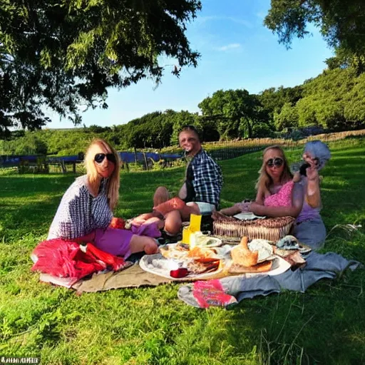 Image similar to a wonderful picnic beneath blue sky with puffy clouds the day glorious with portend and omen as fireworks light the encroaching twilight on the horizon