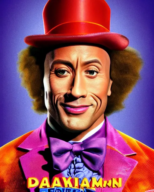 Image similar to Film still close-up shot of Dwayne Johnson as Willy Wonka from the movie Willy Wonka & The Chocolate Factory. Photographic, photography