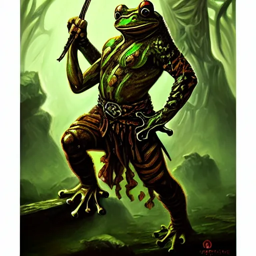 Image similar to oil painting of a frog warrior, in the style of oldschool dungeons & dragons and magic the gathering, promotional character art, highly detailed