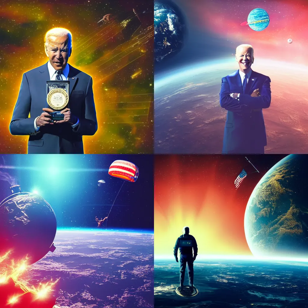 Prompt: award winning photo of joe biden floating in the middle of outer space, normal clothes, stylish pose, bright beautiful large planet in the background, bright cyberpunk lighting, 8 k, trending on artstation