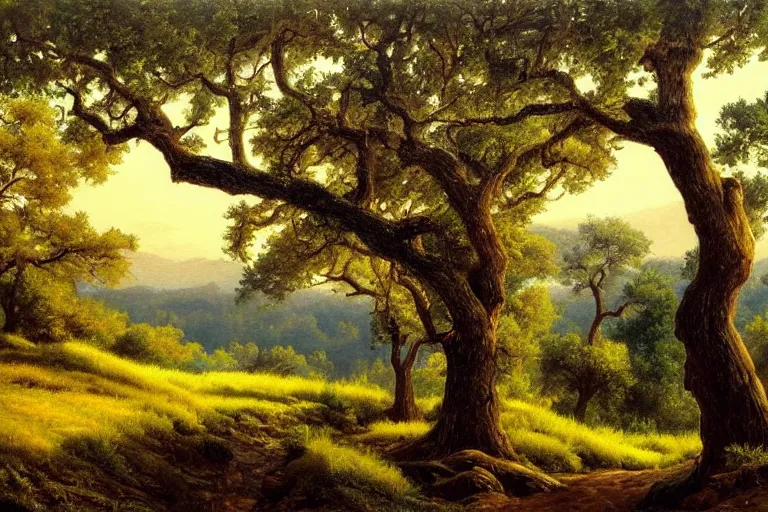 Image similar to masterpiece painting of oak trees on a hillside overlooking a creek, dramatic lighting, by charles santore