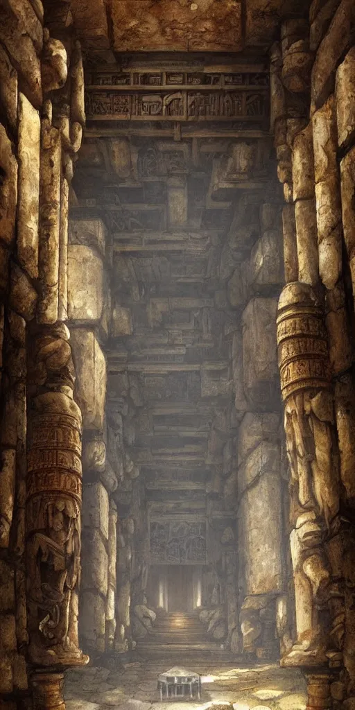 Image similar to ancient temple, pillars, tomb raidar, indiana jones, traps, from inside a temple, temple run, painted by greg rutkowski