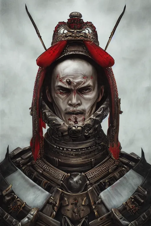 Prompt: digital painting low angle shot face portrait of samurai vampire by ayami kojima, tom bagshaw, tooth wu, in the style of dark - fantasy, samurai armour by h. r. giger, intricate detail, shogun, skull motifs, red, bronze, artgerm