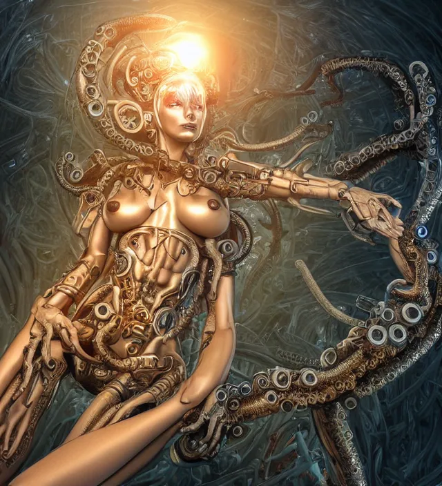 Image similar to photo 3 d rendering of a beautiful girl deity cyborg demon angel with tentacles epic photorealistic portrait in ito junji frank miller alex ross escher giger sorayama buddhist biopunk cosmic horror style depth of field lens flare leica zeiss detailed trending award winning on flickr