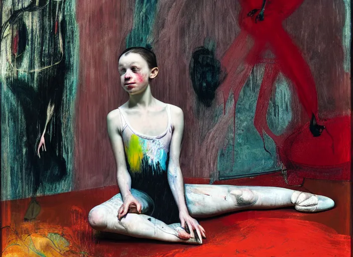 Image similar to portrait of nervous young girl ballerina sitting on the floor focusing in a dance hall by hernan bas and francis bacon and pat steir and hilma af klint, psychological, symmetrical face, dripping paint, washy brush, matte painting, rendered in octane, altermodern, masterpiece