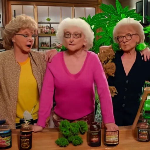 Image similar to Golden Girls open up a cannabis shop grand opening TV ad screenshot directed by Tim and Eric