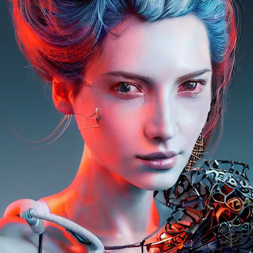 Prompt: the portrait of an absurdly beautiful, graceful, elegant, sophisticated, fashionable cyberpunk gravure idol, an ultrafine hyperdetailed illustration by kim jung gi, irakli nadar, david booth, intricate linework, bright colors, porcelain skin, unreal engine 5 highly rendered, global illumination, radiant light, detailed and intricate environment