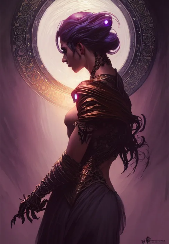 Image similar to Necromancer Sorceress in center, fantasy magic, undercut hairstyle, dark light night, intricate, elegant, sharp focus, illustration, highly detailed, digital painting, concept art, matte, art by WLOP and Artgerm and Greg Rutkowski and Alphonse Mucha, masterpiece