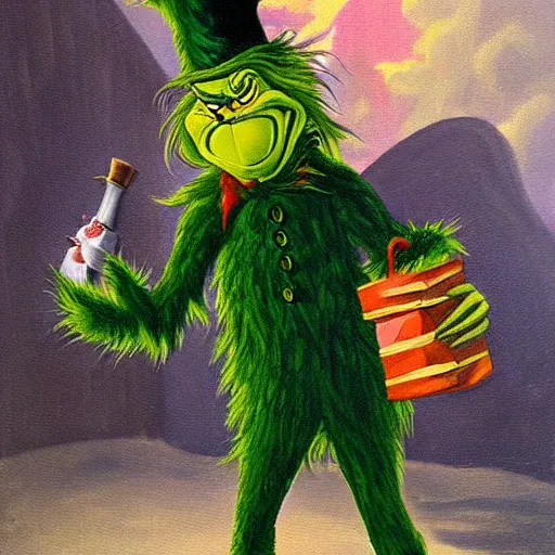 Prompt: a painting of the grinch dressed as a highwayman robbing a stagecoach