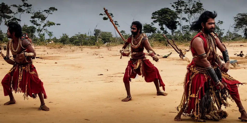 Image similar to sri lankan mad max style, sri lankan kandyan dancers, film still, epic shot cinematography, rule of thirds