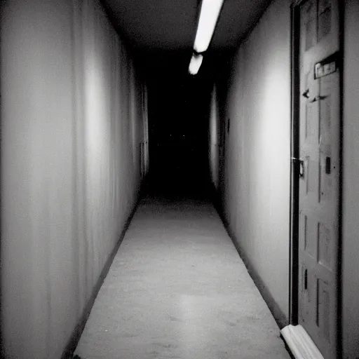 Image similar to a creepy long dark hallway with Samara Morgan standing at the end of it, liminal space, 35mm photograph, flash photography