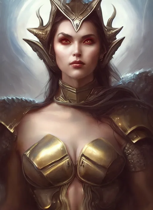 Image similar to a beautiful woman with horns and armor, painted by artgerm and tom bagshaw, fantasy art, dramatic lighting, highly detailed oil painting