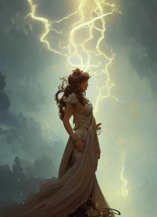 Image similar to person made of lightnings, depth of field, fantasy, medieval wear, intricate, elegant, highly detailed, digital painting, artstation, concept art, smooth, sharp focus, illustration, art by artgerm and greg rutkowski, reimagined by alphonse mucha