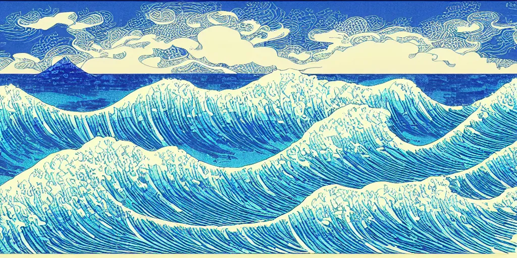 Prompt: clouds and waves, An aesthetically pleasing, dynamic, energetic, lively, complex, intricate, detailed, well-designed digital art of a beach, ripples, waves, sea foam, light and shadow, overlaid with aizome patterns, Shin-hanga by Bob Ross, traditional Japanese colors, superior quality, masterpiece