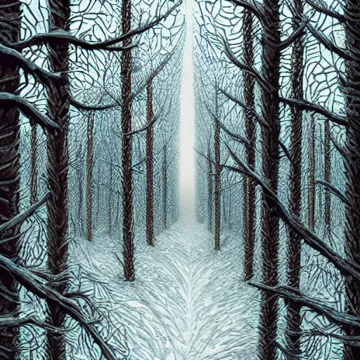 Image similar to Sharp icy frozen forest. Highly Detailed. Masterpiece. By Jeffrey Smith