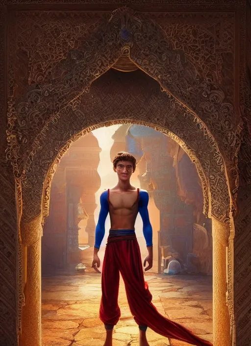 Image similar to skinny young tom holland as aladdin in the sultan's palace, dynamic lighting, path traced, atmospheric, highly detailed, high quality, beautiful painting, octane render, don bluth, ross tran, studio ghibli, alphonse mucha, jama jurabaev, extremely detailed, brush strokes, artstation, artgerm