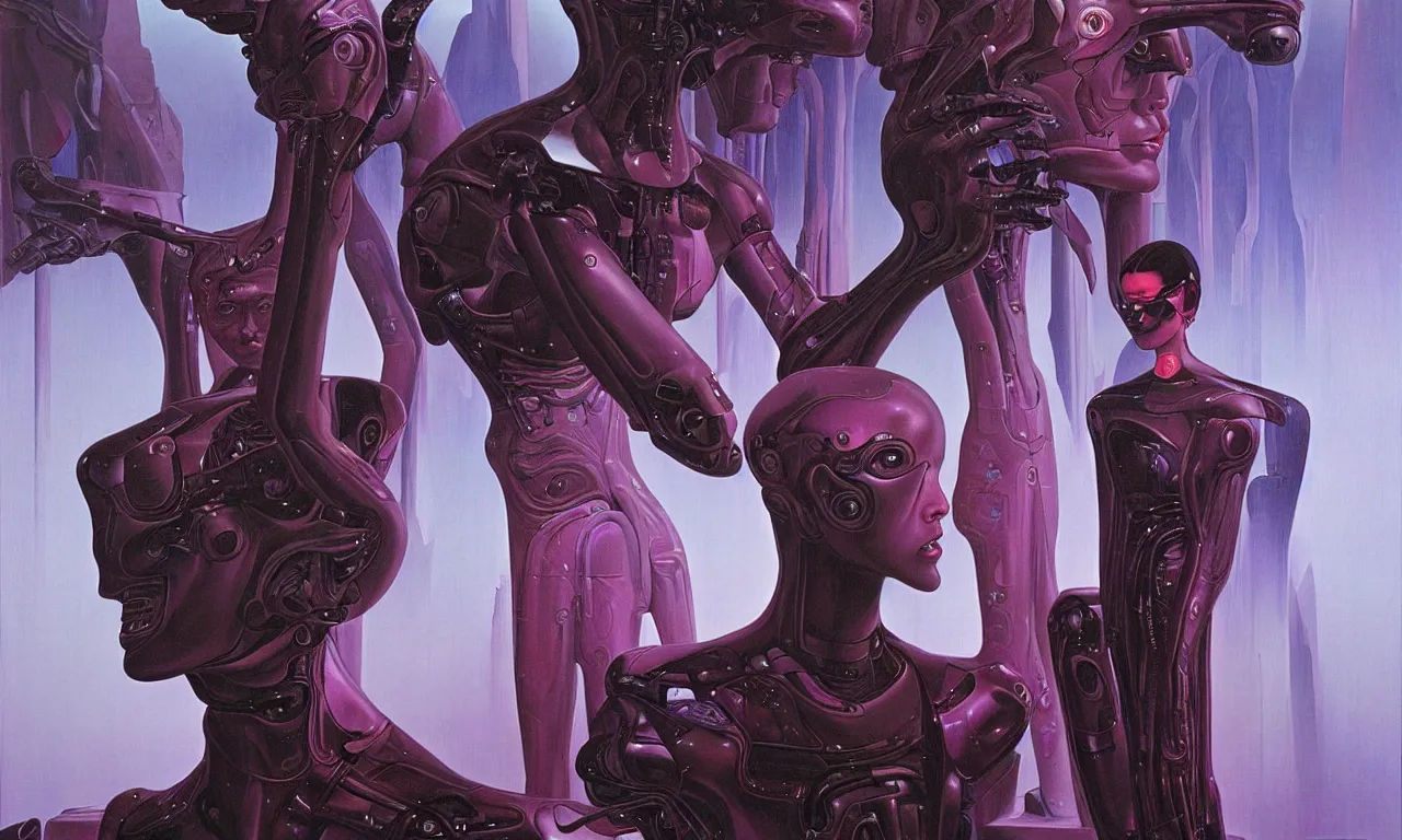 Image similar to futuristic painting by wayne barlowe. portrait of a slick futuristic cyborg with lcd screen skin looking at a painting of a beautiful woman staring at them. juxtaposition. intricate details