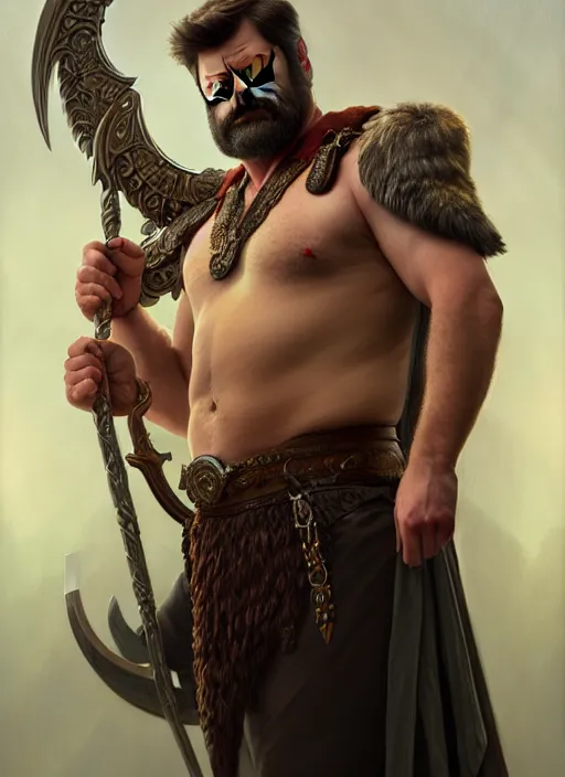 Prompt: portrait of nick offerman as odin, d & d, muscular, fantasy, intricate, elegant, highly detailed, digital painting, artstation, concept art, smooth, sharp focus, illustration, art by artgerm and greg rutkowski and alphonse mucha